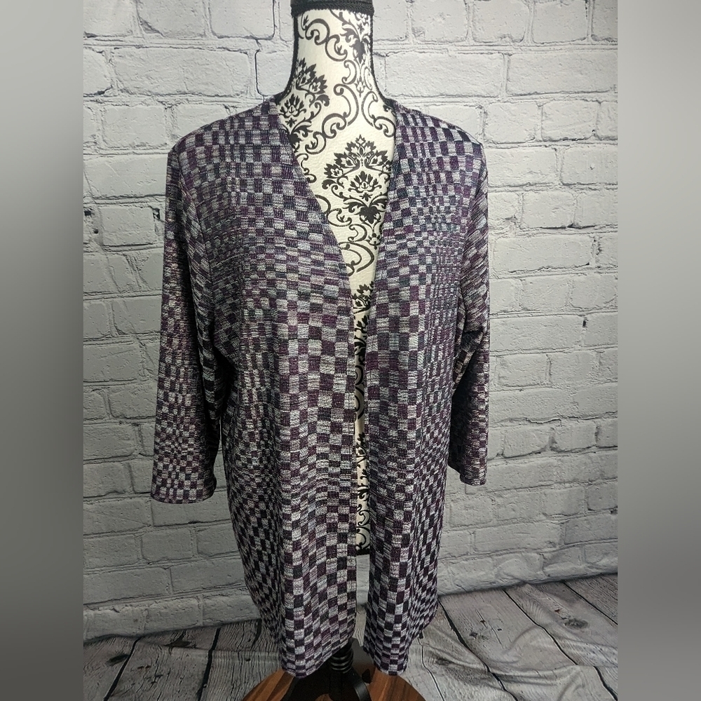Chicos women's long sleeve stretch knit geo print open front cardigan sz 3 bb13
